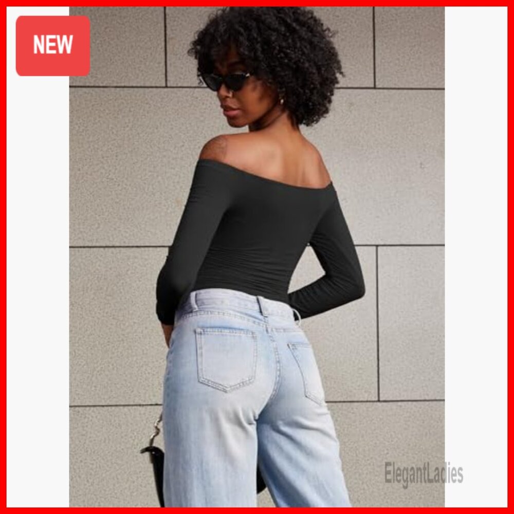 Off Shoulder Long Sleeve Double Lined Stretch Bas… - image 4